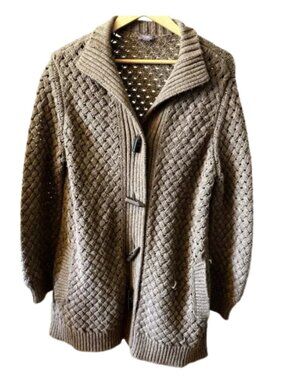 J. Jill Brown Herringbone Knit Cardigan Sweater Toggle Front Medium